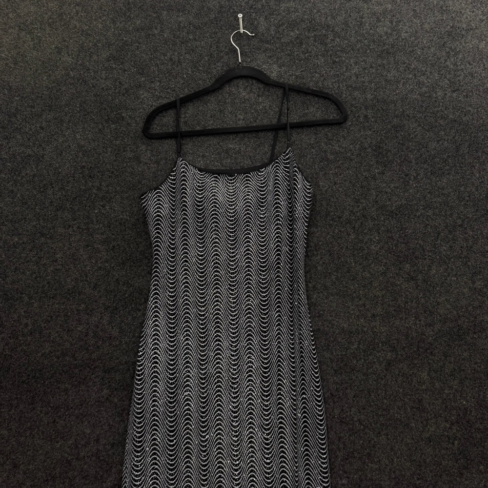 Vintage City Triangles Black Silver Glitter Wave Maxi Dress Spaghetti Strap M